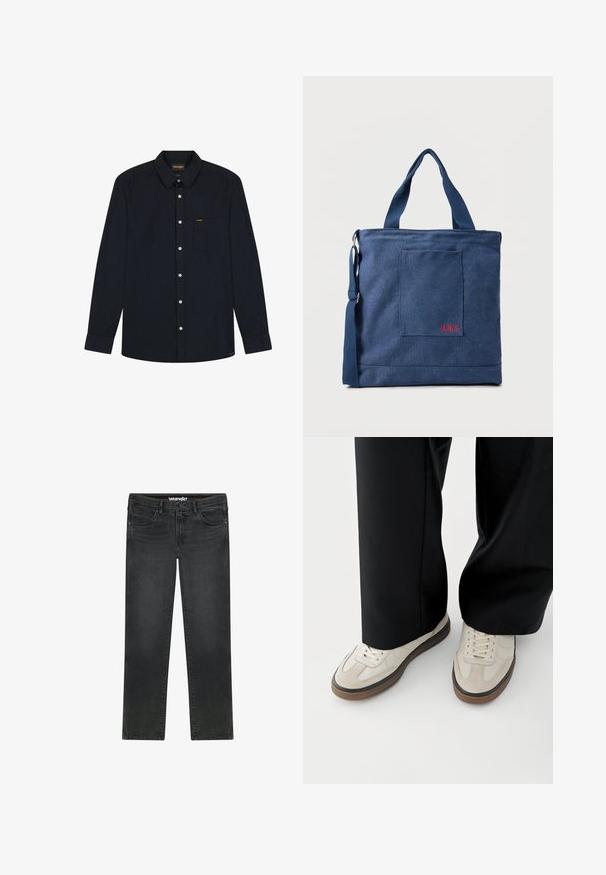 Zwart overhemd met lange mouwen, knopen aan de voorkant, een kraag, een borstzak, witte knopen en het Wrangler-logo op de zak en het label van de kraag.; Zwarte Wrangler jeans met rechte pijpen, voorste knoop, rits, riemlussen en een ontwerp met vijf zakken op witte achtergrond.; Voeten met beige sneakers met bruine zolen en zwarte wijde broekspijpen op een witte achtergrond.; Blauwe canvas tas met voorvak en rode "O.N.S" borduring, voorzien van dubbele handvatten en een verstelbare schouderriem.