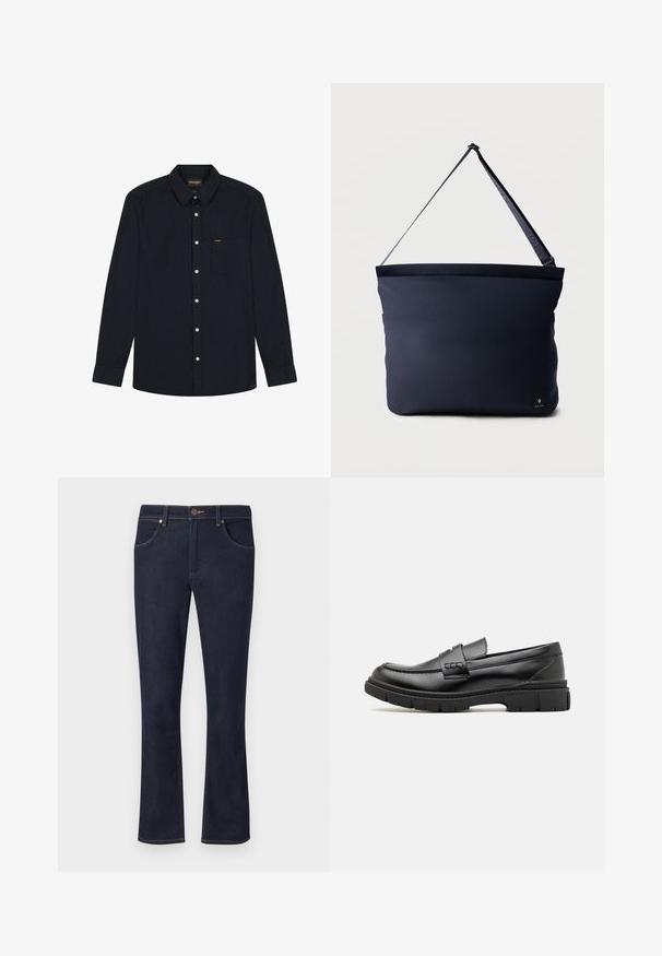 Chemise noire à manches longues avec col, poche avant, boutons blancs, et logo Wrangler sur la poche ainsi que sur l'étiquette du col.; Jean en denim bleu foncé avec jambes droites, fermeture à boutons sur le devant, passants de ceinture et poches avant sur un fond clair uni.; Mocassin en cuir noir avec une large sangle sur le devant, semelle en caoutchouc à épaisse rainure, et texture lisse. Design classique et élégant.; Sac d'épaule rectangulaire bleu marine avec sangle noire réglable et petite étiquette logo noire en bas à droite.