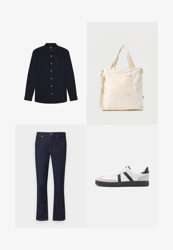 Chemise noire à manches longues avec col, poche avant, boutons blancs, et logo Wrangler sur la poche ainsi que sur l'étiquette du col.; Jean en denim bleu foncé avec jambes droites, fermeture à boutons sur le devant, passants de ceinture et poches avant sur un fond clair uni.; Baskets blanches avec des accents noirs et gris, présentant un embout texturé gris, une semelle en caoutchouc noir et des lacets plats blancs. Design épuré, style minimaliste.; Sac fourre-tout en toile crème avec poche avant, deux poignées, bandoulière réglable et petit texte jaune "O.N.S" en bas à droite de la poche.
