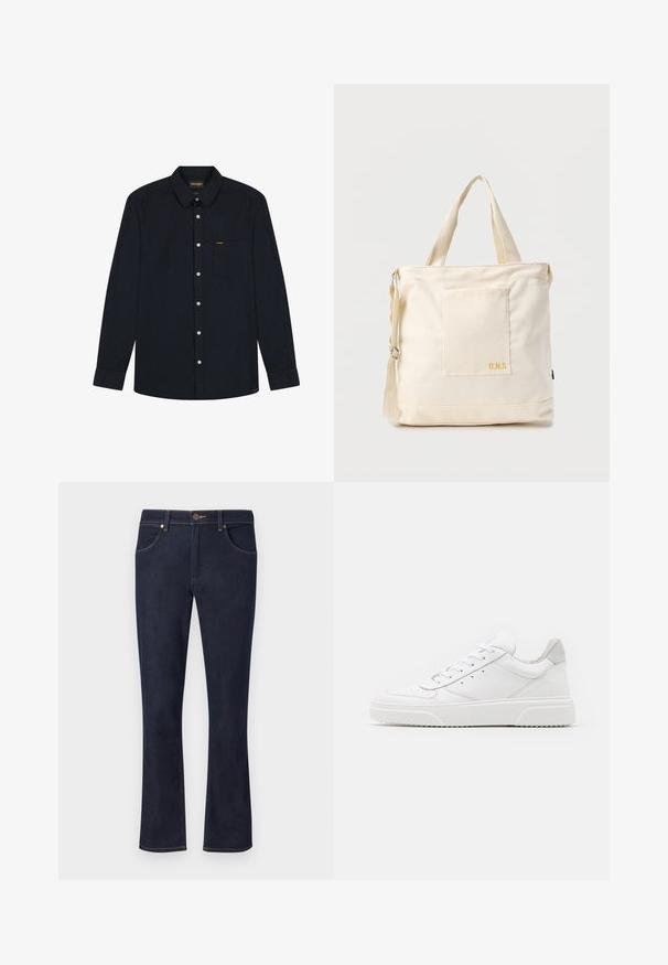 Langærmet sort skjorte med knapper, krave, frontlomme, hvide knapper og Wrangler-logo på lommen og kravelabel.; Mørkeblå denimjeans med lige ben, frontknaplukning, bæltestropper og forlommer på ensartet lys baggrund.; Hvide lædersneakers med en glat finish, rund tå, flade snørebånd og en struktureret sål. Grå ruskindsdetalje ved hælen.; Kremfarvet lærredstote-taske med frontlomme, to håndtag, justerbar skulderrem og lille gul "O.N.S" tekst i nederste højre hjørne af lommen.