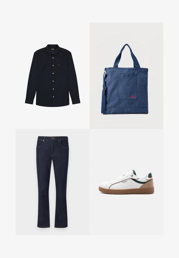 Langärmliges, schwarzes Hemd mit Knöpfen, Kragen, Brusttasche, weißen Knöpfen und Wrangler-Logo auf der Tasche sowie dem Kragenetikett.; Dunkelblaue Denim-Jeans mit geraden Beinen, vorderer Knopfleiste, Gürtelschlaufen und Vordertaschen auf einfarbig hellem Hintergrund.; Weißer Sneaker mit niedriger Schafthöhe, brauner Sohle, grünen und beigen Akzenten, weißen Schnürsenkeln und dem Logo "Pepe Jeans London" an der Seite.; Blauer Canvas-Einkaufstasche mit Vordertasche und roter "O.N.S" Stickerei, ausgestattet mit zwei Griffen und einem verstellbaren Schulterriemen.