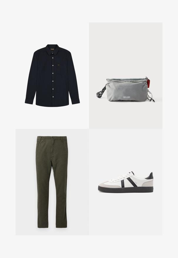 Langärmliges, schwarzes Hemd mit Knöpfen, Kragen, Brusttasche, weißen Knöpfen und Wrangler-Logo auf der Tasche sowie dem Kragenetikett.; Gerade geschnittene Chino-Hosen in dunkelolivgrün mit vorderem Knopf- und Reißverschluss, seitlichen und kleinen schrägen Vordertaschen.; Weiße Sneaker mit schwarz- und grau-aczenten, ausgestattet mit einer strukturierten grauen Zehenkappe, schwarzer Gummi-Sohle und flachen weißen Schnürsenkeln. Sauberes Design, minimalistische Stil.; Graue rechteckige Tasche mit Reißverschlüssen, schwarz-weißem Griff aus Seil an einer Seite und dem Schriftzug "ONLY & SONS" vorne in der Mitte.