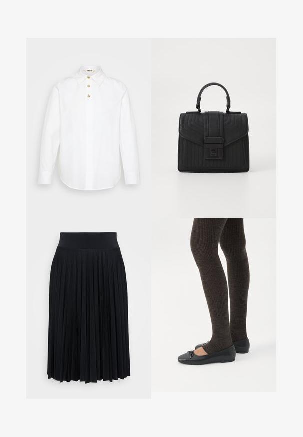 Camisa blanca de manga larga hecha de algodón, con cuello clásico y cinco botones dorados en la parte delantera. Textura suave, ajuste entallado.; Falda negra plisada con una cinturilla ancha, hecha de un material suave. Presenta pliegues verticales para añadir textura y fluidez.; Piernas con leggings oscuros acanalados combinados con bailarinas negras que presentan pequeños detalles de lazo sobre un fondo blanco.; Bolso de mano de piel negra con textura acolchada, forma rectangular, asa superior y un solapa frontal con un cierre en tono plateado.