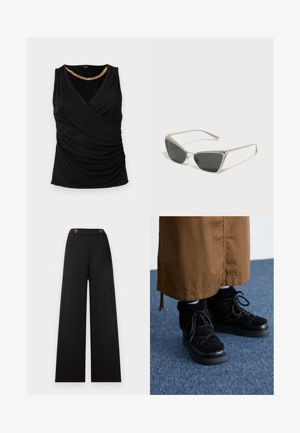 Schwarzes ärmelloses Wickeloberteil mit drapiertem Stoff und einer am Ausschnitt befestigten, auffälligen goldenen Kettenhalskette.; Schwarze, weite Hose mit hoher Taille, ausgestattet mit zwei braunen Knöpfen und einem glatten, strukturierten Stoff. Keine Muster oder zusätzliche Akzente.; Schwarze, flauschige Sneakers mit einer Plattformsohle, die Schnürsenkel, eine weiche Textur und eine abgerundete Spitze aufweisen. Kombiniert mit braunem Stoff darunter.; Silberne dreieckige Sonnenbrille mit dunklen Gläsern. Der Rahmen hat ein strukturiertes Design und kleine Verzierungen an den Ecken. Elegante Metallstruktur.