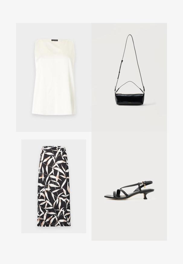 Haut blanc sans manches pour femme avec un décolleté carré et une étiquette Emporio Armani au niveau du col arrière.; Jupe midi noire avec motif abstrait de feuilles blanches et beiges, coupe droite et taille ajustée.; Sandale noire en cuir à brides fines, talon bas kitten, boucle à la cheville et petit pendentif doré sur fond clair uni.; Sac bandoulière rectangulaire en cuir noir avec bandoulière ajustable, fermeture éclair sur le dessus et petit logo Calvin Klein doré sur le devant.
