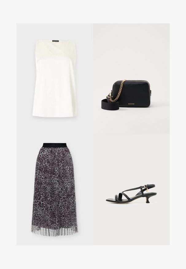 Haut blanc sans manches pour femme avec un décolleté carré et une étiquette Emporio Armani au niveau du col arrière.; Jupe plissée en tissu transparent à imprimé léopard et large ceinture élastique noire.; Sandale noire en cuir à brides fines, talon bas kitten, boucle à la cheville et petit pendentif doré sur fond clair uni.; Sac bandoulière en cuir noir avec des accents en chaîne dorée, fermeture zippée et une bandoulière en tissu amovible. Logo Michael Kors sur le devant.
