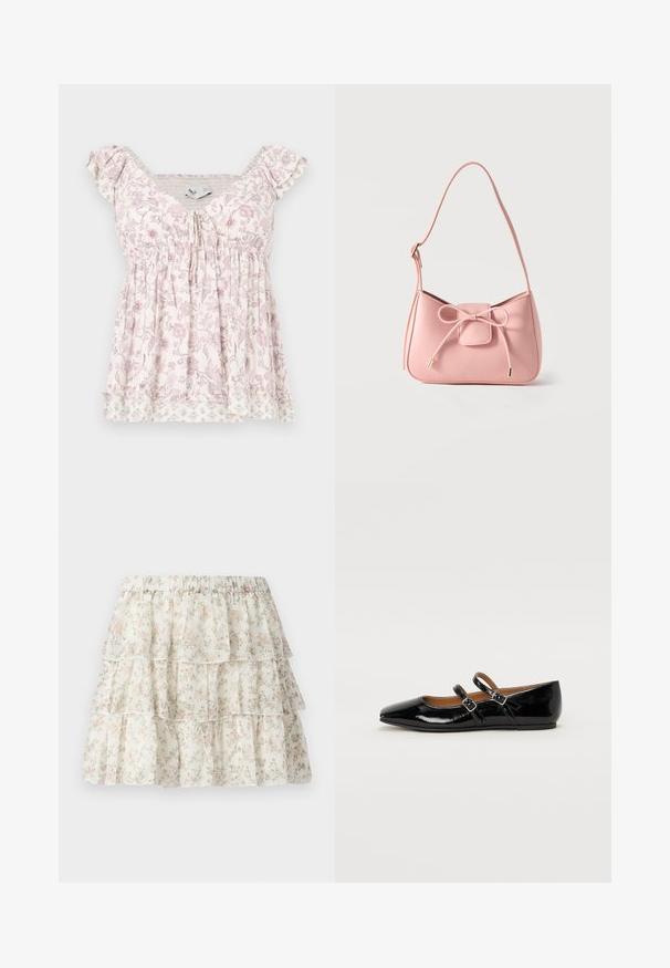 Blouse à manches courtes blanche et rose à motif floral, avec un buste froncé, des détails à volants sur les épaules et un ourlet à plusieurs couches avec des motifs floraux subtils.; Jupe blanche avec un design en couches et volants. Présente un motif floral délicat en rose et vert. Taille élastique pour plus de confort.; Ballerine plate en cuir verni noir avec un bout pointu, deux brides ajustables avec boucles, et une semelle plate. Texture lisse avec une finition brillante.; Petit sac bandoulière rose pastel avec sangle réglable et détail nœud à l'avant avec extrémités dorées sur un fond uni.