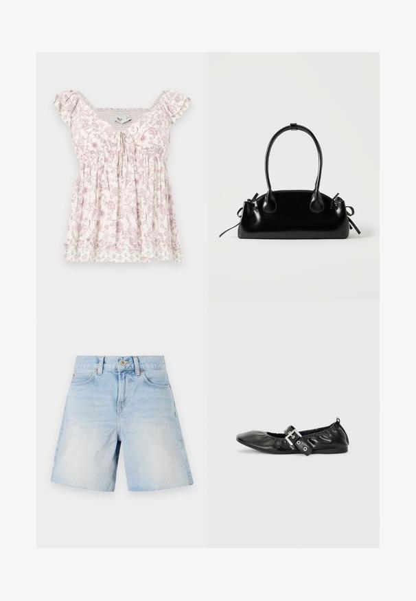 Blusa de manga corta blanca y rosa con estampado floral, busto fruncido, detalles de volantes en los hombros y dobladillo en capas con sutiles patrones de flores.; Shorts de mezclilla azul claro con cintura alta, cinco bolsillos y cierre con botón. Presentan un ligero desgastado y costuras resistentes.; Zapato plano de piel negra con puntera afilada, detalle fruncido alrededor de la abertura y un acento de hebilla plateada en la correa ajustable.; Pequeño bolso negro brillante con dos asas largas y detalles de cordón lateral sobre un fondo claro liso.