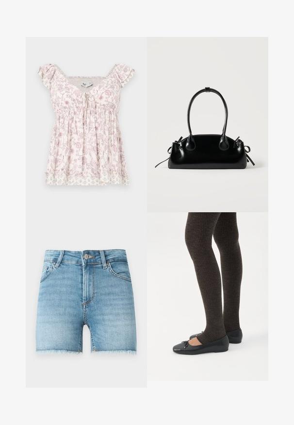 Blouse à manches courtes blanche et rose à motif floral, avec un buste froncé, des détails à volants sur les épaules et un ourlet à plusieurs couches avec des motifs floraux subtils.; Shorts en denim bleu clair avec un ourlet effiloché, cinq poches et une fermeture à bouton à l'avant. Présente une légère décoloration et une coupe classique.; Jambes portant des leggings côtelés foncés associés à des ballerines noires avec de petits détails en nœud sur fond blanc.; Petit sac à main noir brillant avec deux longues anses et des détails à cordon sur les côtés sur un fond clair uni.