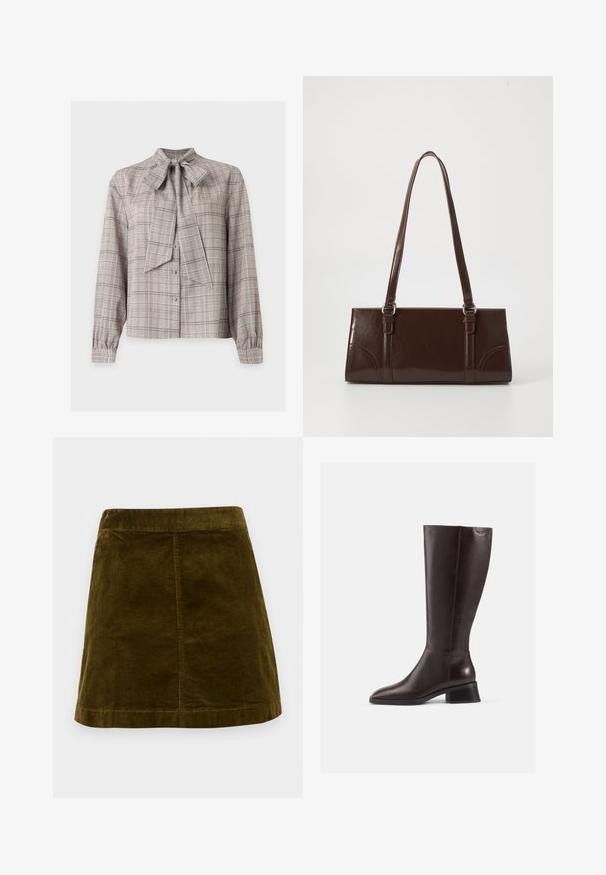 Langærmet ternet bluse med knapper foran og stor bundet sløjfe ved kraven i beige og grå nuancer.; Brun kordfløjl mini skirt med lodrette ribber, lige snit og en ren kant. Har en simpel talje uden udsmykninger.; Brune læderstøvler til knæene med en glat overflade, rund tå og en stablet sort hæl. Simpelt design med minimale hardwaredetaljer.; Brun lakeret håndtaske med rektangulær form, to lange håndtag og subtile buede detaljer på fronten.