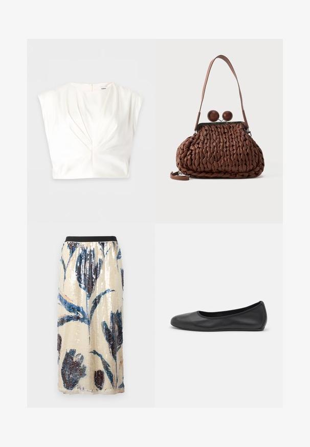 Blouse blanche sans manches avec un détail torsadé à l'avant et une fermeture éclair dans le dos, posée à plat sur un fond uni.; Jupe midi beige avec taille élastique noire, grand motif floral bleu et sombre pailleté.; Ballerines en cuir noir avec un bout rond, texture lisse, détails de couture minimalistes et design de semelle flexible.; Sac à main en cuir tressé marron avec une seule bandoulière et deux grandes fermetures rondes en bois sur le dessus.