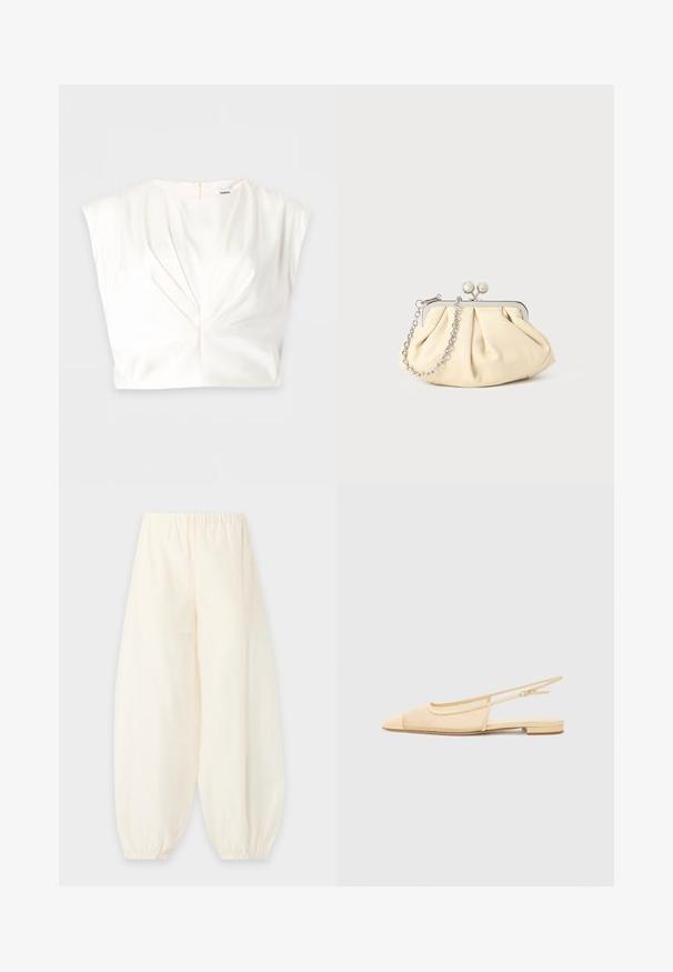Blouse blanche sans manches avec un détail torsadé à l'avant et une fermeture éclair dans le dos, posée à plat sur un fond uni.; Pantalon ample de couleur crème avec une ceinture élastique et des poignets élastiques froncés aux chevilles sur un fond uni.; Chaussure plate slingback en beige clair avec une tige en maille, un bout pointu et un petit talon. Dotée d'une sangle ajustable pour un bon maintien.; Pochette en cuir beige plissé avec un cadre en métal argenté, dotée de deux fermoirs ronds décoratifs et d'une chaîne en argent.