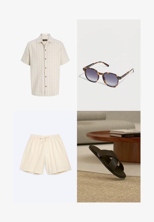 Chemise beige à manches courtes, boutonnée, avec de discrètes rayures verticales et un col classique.; Shorts couleur crème jusqu'aux genoux avec taille élastique et cordon de serrage, dotés de poches latérales, posés à plat sur un fond clair.; Sandale slide en cuir noir avec larges brides croisées sur un tapis beige, près d'une table basse ronde en bois avec des livres empilés.; Lunettes de soleil rectangulaires en écaille de tortue avec des verres à dégradé sombre, posées sur une surface blanche, inclinées pour montrer les détails du cadre côté gauche.