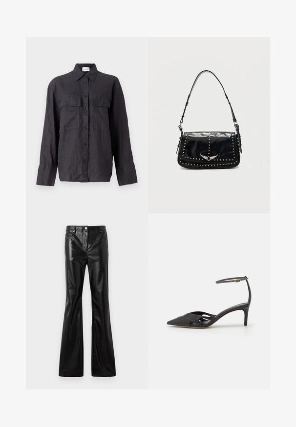 Sort linned skjorte med knaplukning foran, to brystlommer, lange ærmer og klassisk krave. Teksturområde med løstsiddende pasform.; Rabanne Loose-jeans - black; Sort læder højhælet sko med spids tå, åbne sider og en tynd ankelrem med en lille guld detalje.; Sort læder skuldertaske med sølvlignende nitter og vingeformet metalemblem på frontklappen mod en ensfarvet baggrund.