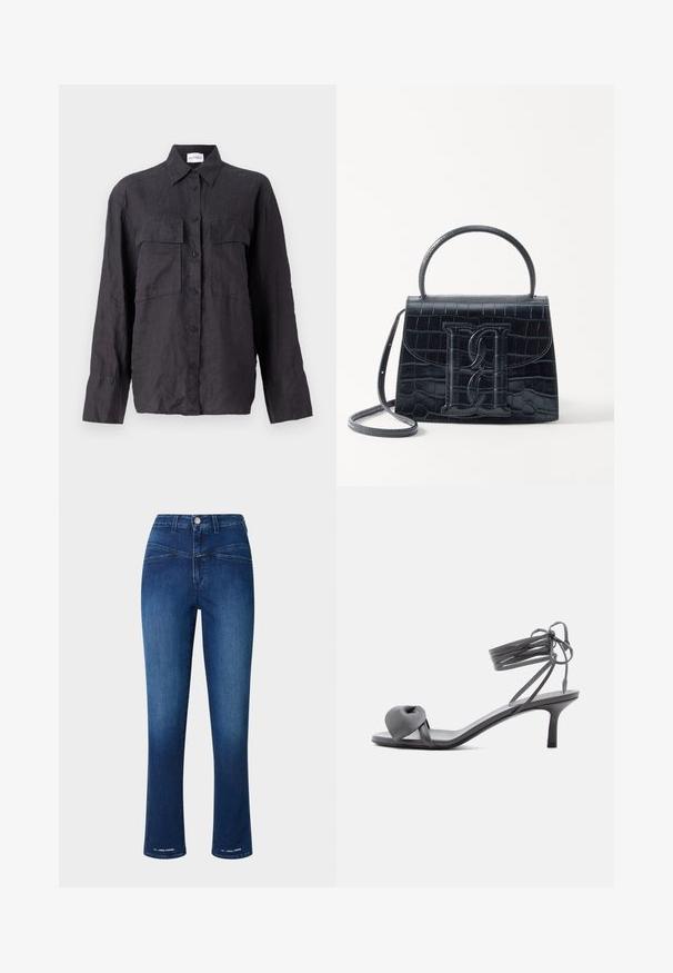 Schwarzes Leinenhemd mit knöpfbarem Frontbereich, zwei Brusttaschen, langen Ärmeln und klassischem Kragen. Strukturierter Stoff mit lockerer Passform.; Dunkelblaue Jeans aus Denim mit hoher Taille, schmalem Schnitt, geraden Beinen und zwei vorderen Taschen. Verfügt über einen Metallknopf und Nähte als Akzent.; Graue Leder-Pumps mit Absatz, verknotetem Riemen über den Zehen und Wickelriemen um den Knöchel auf schlankem, mittelhohem Absatz vor weißem Hintergrund.; Schwarze Handtasche aus Krokodilprägung mit strukturiertem Design, Oberhandgriff, verstellbarem Tragegurt und einem auffälligen Logo-Detail auf der Vorderseite.