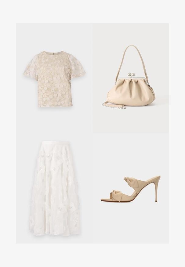 Beige bluse med blomsterbroderi, gennemsigtige puffærmer, rund halsudskæring og lynlåslukning i ryggen. Struktureret blomsterdesign på forpanelet.; Hvid, knælang nederdel med blomsterbroderi og sølvfarvede perler. Letvægts, flydende stof med rynkede lag og en tætsiddende talje.; Beige åben tå højhælet mule-sandal med to snoede knudestrimler og en slank stilet-hæl på hvid baggrund.; Beige blød læderhåndtaske med en sølv metalramme-lukning, enkelt skulderstrop og en valgfri kæderem på en hvid baggrund.