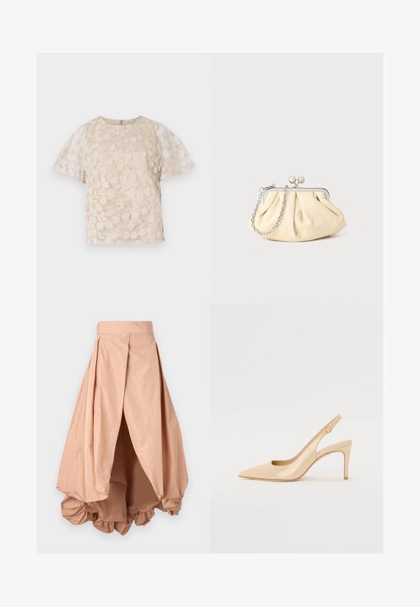 Beige bluse med blomsterbroderi, gennemsigtige puffærmer, rund halsudskæring og lynlåslukning i ryggen. Struktureret blomsterdesign på forpanelet.; Peachfarvet puffskørt lavet af letvægtsstof, med en samlet søm og plisseret design i taljen for en voluminøs silhuet.; Nude patenteret læder slingback hæl med spidse tæer, åben vamp og en tynd stiletto hæl. Har et cirkulært guldfarvet element på remmen.; Plisseret beige læderclutch med en sølvmetalramme, der har to runde dekorative låse og en sølvkædetrasporte.