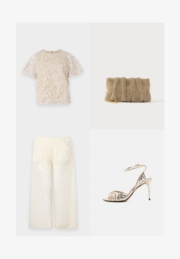 Beige Bluse mit floralem Stickmuster, durchsichtigen Puffärmel, Rundhalsausschnitt und Reißverschluss hinten. Texturiertes Blumenmuster auf der Vorderseite.; Leichte, cremefarbene weit geschnittene Hosen mit einem strukturierten Karomuster und zwei Seitentaschen, die einen entspannten Sitz und weichen Stoff bieten.; Goldfarbene Sandalette mit Riemchen, Knöchelriemen und Stiletto-Absatz, seitlich auf weißem Hintergrund gezeigt.; Kleine goldene Mesh-Clutch mit gerafftem Design und teilweise sichtbarem goldenen Kettengurt auf einfachem weißem Hintergrund.