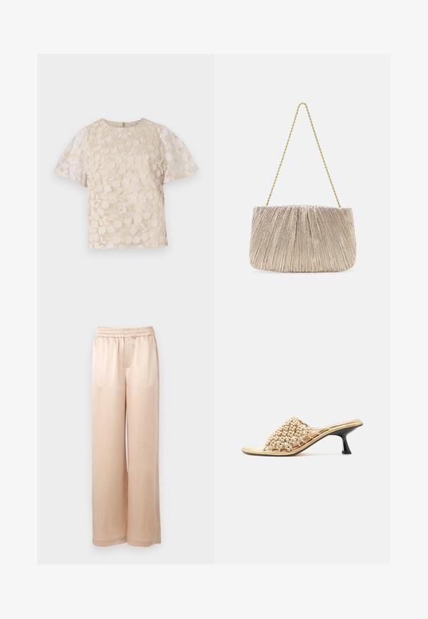 Blouse beige avec broderie florale, manches bouffantes transparentes, encolure ronde et fermeture éclair au dos. Motif floral texturé sur le panneau avant.; Pantalons larges de couleur beige clair en tissu lisse avec une taille élastique et des coutures minimales, présentant une coupe droite et sans poches.; Mule beige à bout ouvert avec empeigne tissée et petit talon sculpté noir, sur fond blanc.; Sacs à main en tissu métallique plissé avec une chaîne dorée, de forme rectangulaire douce, couleur beige clair, surface texturée et détails froncés.