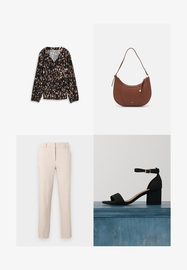 Blouse noire avec un col en V, présentant un motif éclaboussé en marron et crème. Manches longues avec des poignets élastiques et coupe ample.; Pantalon beige ajusté à jambe droite avec passants de ceinture, fermeture éclair frontale et bouton, sur un fond clair uni.; Sandale noire à talons avec une large lanière et une lanière de cheville, dotée d'une texture mate et d'un talon bloc. Logo de la marque visible sur la semelle intérieure.; Sac à épaule en faux cuir brun, de forme arrondie, avec des coutures minimales et un accent en matériel doré. Il possède une fermeture zippée sur le dessus et une sangle réglable.