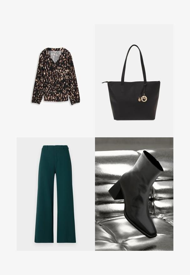 Blusa negra con escote en V, con un patrón moteado en marrón y crema. Mangas largas con puños elásticos y un corte holgado.; Pantalones de pierna amplia en tela de color verde oscuro. Presentan una cintura alta, pliegues frontales y trabillas para el cinturón. Textura suave y diseño a medida.; Botín negro de tobillo hecho de material brillante, con punta cuadrada y tacón cónico, contra un fondo plateado brillante con almohadillado.; Bolso tote negro hecho de material sintético liso, con dos asas largas, cierre de cremallera y un charm dorado con un logo circular.