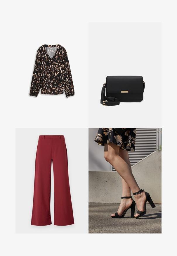 Zwarte blouse met een V-hals, voorzien van een gespikkeld patroon in bruin en crème. Lange mouwen met elastische manchetten en een losse pasvorm.; Wijdvallende broek in een diepe bordeauxkleur. Gemaakt van een soepele, rekbare stof met op maat gemaakte naden en een rits aan de voorkant.; Zwarte suède hoge hakken sandalen hebben een enkelband met een gesp, een open teenontwerp en een chunky hak. Glad textuur en minimalistische stijl.; Zwarte leren schoudertas met een flap sluiting, gouden hardware accenten, verstelbare schouderriem en gestructureerd oppervlak. Compakte rechthoekige vorm.