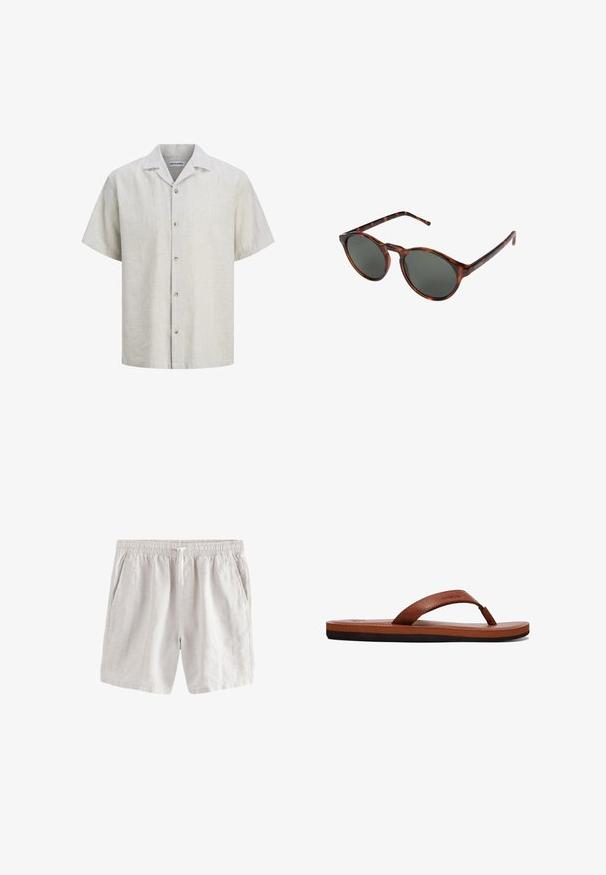 Heren korte mouw beige en wit dun gestreept overhemd met knopen, een campkraag en vijf knopen aan de voorkant.; Lichtgrijze casual shorts met een elastische tailleband, trekkoord, twee zijzakken en een subtiele verticale streeptextuur.; Bruine leren flip-flops met een gestructureerde band, een gevoerde voetbed en een zwarte rubberen zool. Zijkant van het ontwerp benadrukt de slanke stijl.; Komono DEVON - Zonnebril - brown