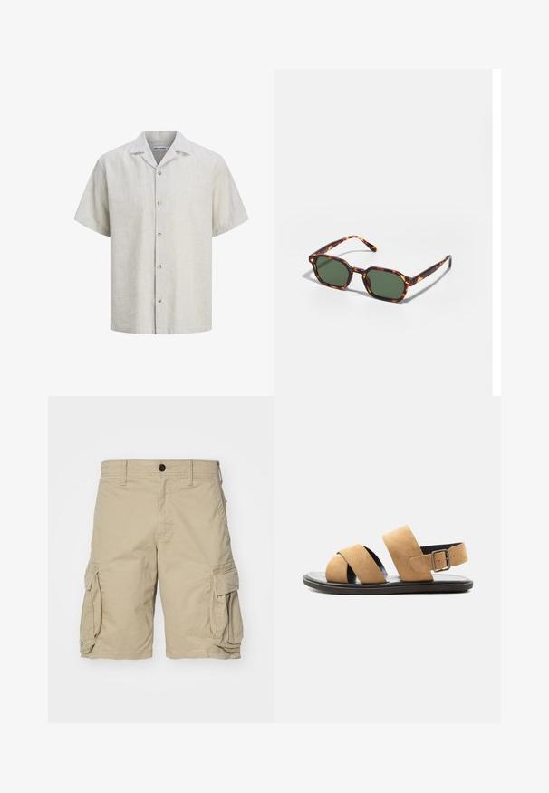 Camisa de hombre de manga corta, beige con finas rayas blancas, con botones al frente, cuello campestre y cinco botones.; Pantalones cortos de carga beige, fabricados en tejido de algodón, con bolsillos laterales, cierre de botón y un diseño de corte recto. Textura suave.; Sandalia de ante color marrón claro para hombre con dos tiras anchas, suela negra y correa ajustable con hebilla en el talón, mostrada sobre fondo blanco.; Gafas de sol carey con lentes verdes, de forma octagonal y con patillas delgadas y curvas. El material tiene un acabado brillante.