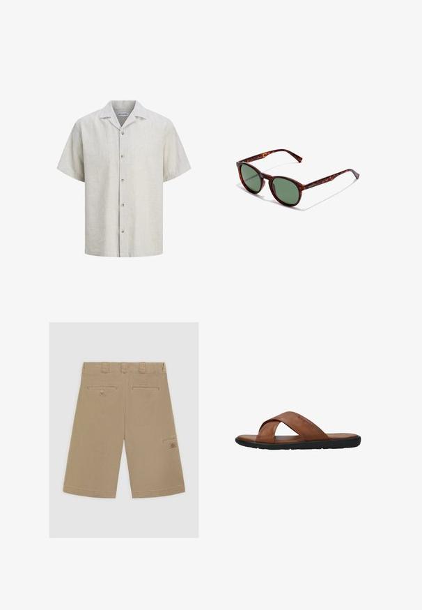 Herre kortærmet beige og hvid tyndstribet skjorte med knapper og camp-krave samt fem knapper foran.; Lysbrune shorts med flad front, to baglommer og en side cargo-lomme. Fremstillet af glat bomuldsstof.; Brun lædersandal med krydsede remme, sort flad sål og "bugatti" præget på den øverste rem, vist i siden mod hvid baggrund.; Brune skildpaddedesign solbriller med runde rammer, grønne linser og mønstrede tempelarme. Har brandlogo på en arm.