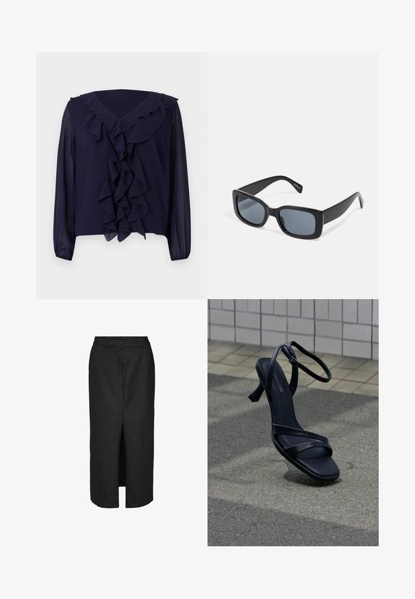 Blouse navy avec manches longues, devant et encolure à volants, fabriquée en tissu léger, avec un design en v et un ourlet dissimulé.; Jupe midi noire avec une fente devant, réalisée en tissu léger. Elle présente une taille classique et de discrètes poches latérales.; Sandale noire à talon haut avec lanières et boucle à la cheville, flottant au-dessus d'un sol gris texturé avec un mur carrelé en arrière-plan.; Lunettes de soleil rectangulaires noires avec des verres teintés foncés, monture en plastique épaisse et branches larges. Surface lisse et design angulaire.