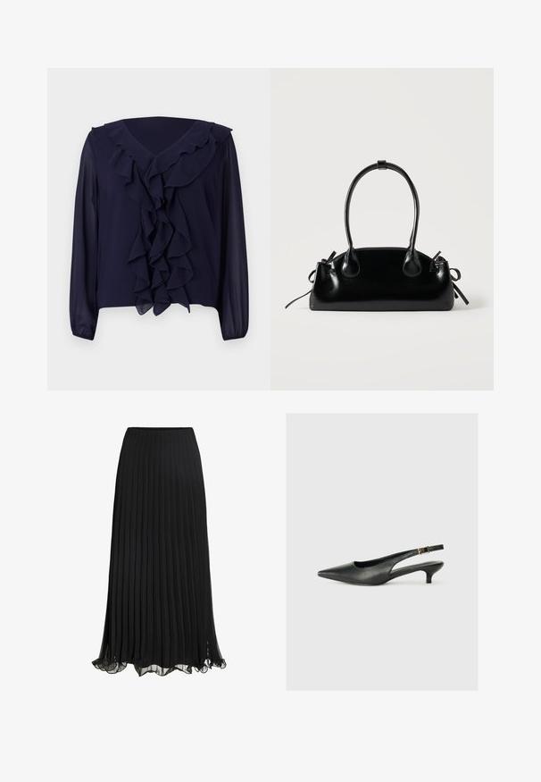 Marineblouse met lange mouwen, gerimpelde voorkant en halslijn, gemaakt van lichtgewicht stof, met een V-hals ontwerp en een verborgen zoom.; Zwarte geplisseerde maxi rok van lichtgewicht stof met een vloeiende ontwerp. Voorzien van een gerimpelde zoom en een elastische tailleband voor comfort.; Zwarte puntschoen met slingback van soepel leer. Kenmerkt zich door een dunne hak en een gespdetail op de verstelbare band.; Kleine zwarte glanzende handtas met twee lange hengsels en zijkant trekkoord details op een effen lichte achtergrond.