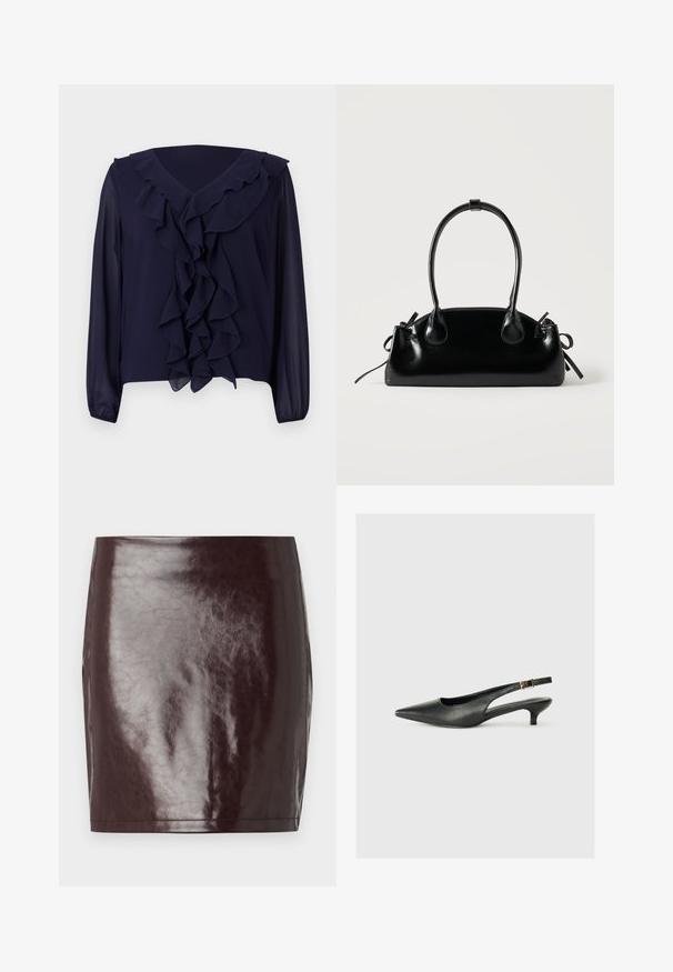 Navybluse mit langen Ärmeln, gerüschtem Vorderteil und Ausschnitt, aus leichtem Stoff, mit V-Ausschnitt und verdecktem Saum.; Burgunderfarbenen, kunstledernen Minirock mit glatter, glänzender Textur und figurbetontem Schnitt. Verfügt über klare Linien und einen geraden Saum.; Schwarzer Slingback-Schuh mit spitzem Zehenbereich aus glattem Leder. Mit einem dünnen Absatz und einer dekorativen Schnalle am verstellbaren Riemen.; Kleine schwarze glänzende Handtasche mit zwei langen Griffen und seitlichen Kordelzug-Details vor einfachem hellem Hintergrund.