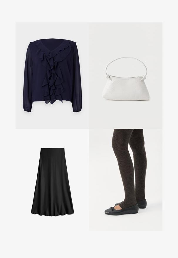 Marineblouse met lange mouwen, gerimpelde voorkant en halslijn, gemaakt van lichtgewicht stof, met een V-hals ontwerp en een verborgen zoom.; Zwarte satijnen A-lijn rok met een gladde textuur en vloeiende zoom, knielengte, weergegeven op een witte achtergrond.; Benen met donkere geribbelde leggings gecombineerd met zwarte ballerina's met kleine strikdetails op een witte achtergrond.; Witte handtas van gevlochten leer met een afgeronde handgreep en uiteinden van de band die geknoopt zijn, afgebeeld tegen een effen achtergrond.