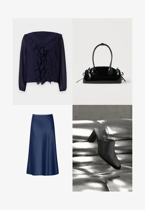 Blouse navy avec manches longues, devant et encolure à volants, fabriquée en tissu léger, avec un design en v et un ourlet dissimulé.; Jupe A-line en satin navy avec une texture lisse, un design fluide et une coupe mi-longue. Possède une taille nette sans accents supplémentaires.; Mule en cuir noir avec talon bloc reposant sur une surface argentée brillante capitonnée, mettant en valeur son design élégant et ses détails incurvés.; Petit sac à main noir brillant avec deux longues anses et des détails à cordon sur les côtés sur un fond clair uni.