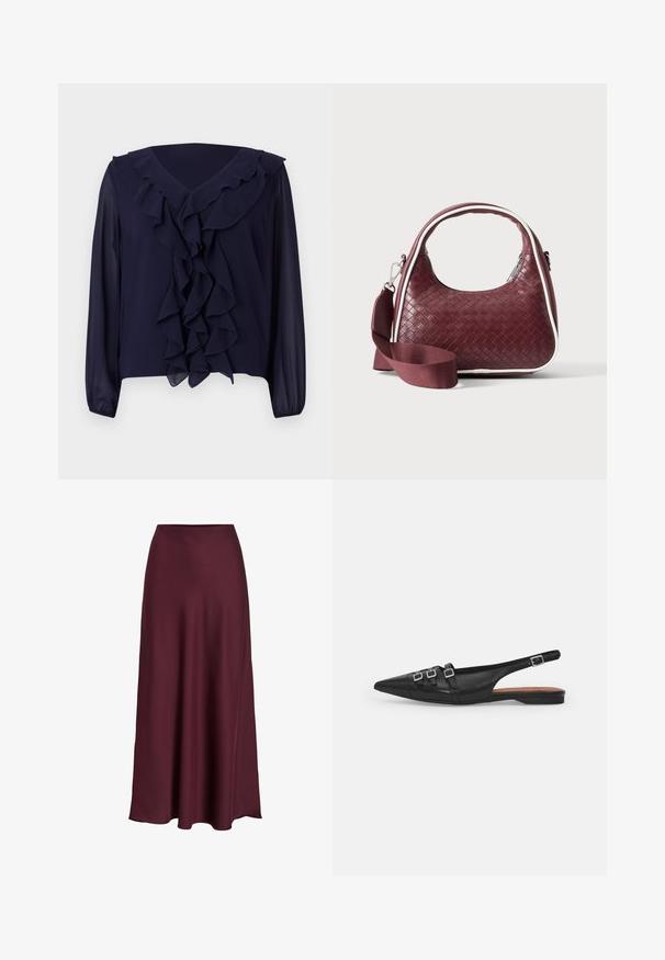 Navybluse mit langen Ärmeln, gerüschtem Vorderteil und Ausschnitt, aus leichtem Stoff, mit V-Ausschnitt und verdecktem Saum.; Burgunderfarbene Satin-Maxikleid mit glatter Textur, hoher Taille und fließender Silhouette, die sich sanft zur Saumkante hin ausläuft.; Schwarze Leder-Slingback-Ballerina mit spitzem Zeh, ausgestattet mit zwei horizontalen Riemen und quadratischen silbernen Schnallen, mit flachem Absatz und glatter Oberfläche.; Dunkelrote gewebte Ledertasche mit gebogenem Griff, weißem Besatz, silbernem Reißverschluss und abnehmbarem breitem Stoff-Schulterriemen vor einfarbigem Hintergrund.