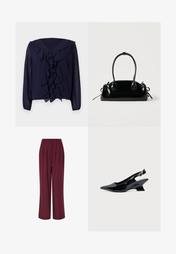 Marineblouse met lange mouwen, gerimpelde voorkant en halslijn, gemaakt van lichtgewicht stof, met een V-hals ontwerp en een verborgen zoom.; Broek met hoge taille en wijde pijpen in donker bordeaux met plooien aan de voorkant en een verborgen vooraanrits.; Zwarte lakleren slingback schoen met spitse neus en lage schuine blokhak op een effen lichte achtergrond.; Kleine zwarte glanzende handtas met twee lange hengsels en zijkant trekkoord details op een effen lichte achtergrond.