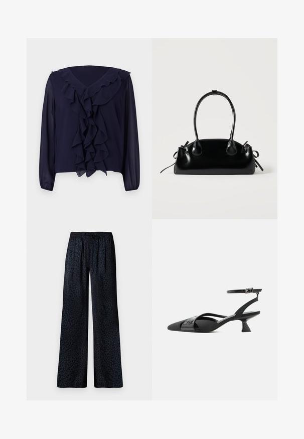 Blusa de marina con mangas largas, frente y escote con volantes, hecha de una tela ligera, con un diseño de escote en forma de V y dobladillo oculto.; Pantalones de pierna ancha en tejido oscuro con un sutil estampado de leopardo negro, cinturilla elástica y un drapeado cómodo.; Zapato negro de tacón bajo tipo kitten con punta puntiaguda, correa del talón y finas correas asimétricas cruzadas en el tobillo sobre fondo blanco.; Pequeño bolso negro brillante con dos asas largas y detalles de cordón lateral sobre un fondo claro liso.