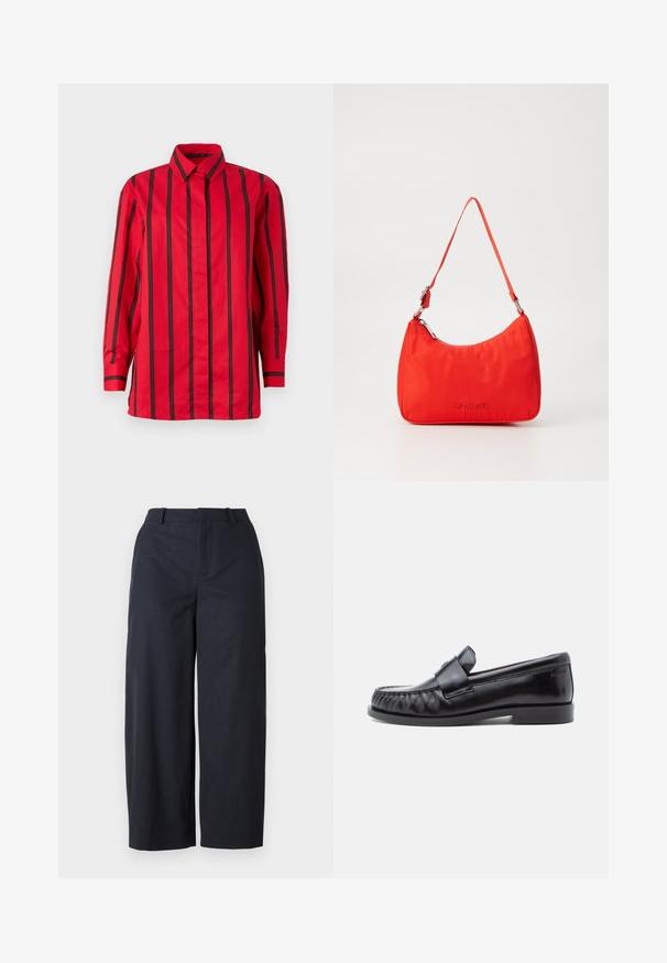 Camisa roja de manga larga con botones, con rayas verticales negras y cuello puntiagudo, mostrada sobre un fondo liso.; Pantalones de pierna ancha en color navy con una textura suave, parte delantera plana y cinturilla. Fabricados en un tejido ligero, que ofrece un ajuste relajado.; Mocasines de cuero negro con punta redondeada, costuras distintivas y una banda decorativa sobre el empeine. Acabado liso y tacón bajo.; Bolso de mano de nylon rojo con una silueta curva, una sola correa, herrajes plateados y detalle de logo en relieve en la parte frontal. Textura suave.