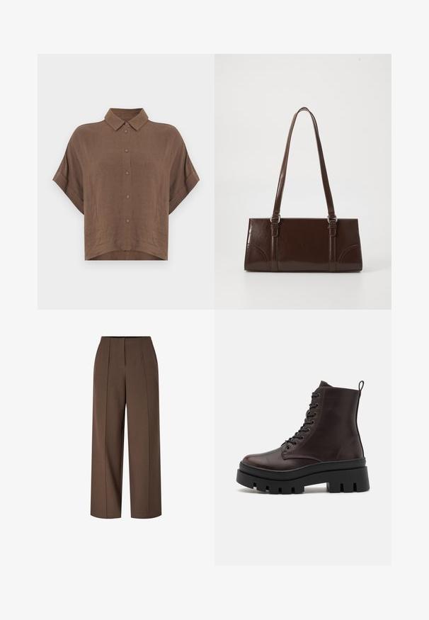 Brun kortærmet skjorte lavet af letvægtsstof, med klassisk krave og knaplukning foran, med cropped kant og afslappet pasform.; Brune højtaljede vide bukser med frontfaltet og en skjult lynlås lukning foran.; Brune læder ankelstøvler med en rund tå, sort kraftig sål og snørredetaljer. Har en bageste løkke for nem påtagning.; Brun lakeret håndtaske med rektangulær form, to lange håndtag og subtile buede detaljer på fronten.