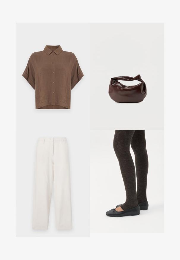 Brun kortærmet skjorte lavet af letvægtsstof, med klassisk krave og knaplukning foran, med cropped kant og afslappet pasform.; Beige bomuldsbukser med lige ben-design, med en knaplukning, forlommer og en ren afslutning ved enderne.; Ben iført mørke ribbede leggings kombineret med sorte balletsko med små sløjfedetaljer på hvid baggrund.; Mørkebrun læder skuldertaske med en blød, afslappet form og et snoet knudehåndtag på en ensartet hvid baggrund.