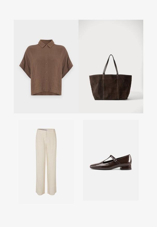 Camisa marrón de manga corta hecha de tela ligera, con cuello clásico y cierre frontal de botones, con dobladillo cropped y ajuste relajado.; Pantalones de lino beige con diseño de pierna recta, que presentan una textura suave y un ligero brillo. Incluyen cinturilla y bolsillos frontales discretos.; Zapatos Mary Jane de charol marrón con punta redondeada, diseño recortado y una correa ajustable. Tacón bajo y ancho.; Bolso tote de ante marrón oscuro con dos asas de cuero negro y detalles de costura vertical, mostrado sobre un fondo claro y liso.