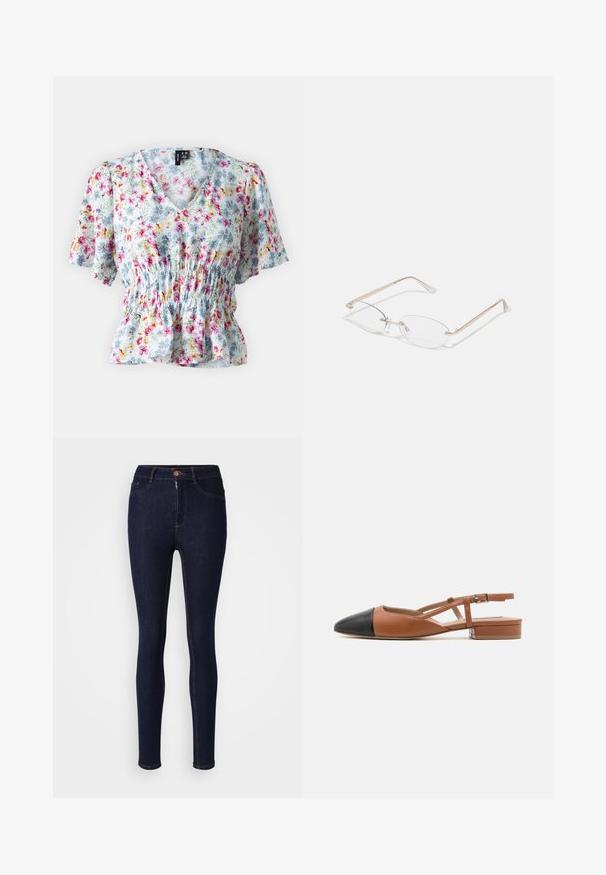 Bloemige blouse gemaakt van lichte stof. V-hals ontwerp met korte mouwen, gerimpelde taille en een meerkleurig bloemenpatroon op een lichte achtergrond.; Donkerblauwe skinny jeans van denim, met een ritsluiting en knoop, en contrasterende stiknaden langs de naden.; Steve Madden BELINDA - Slingback ballerina´s - brown/black; Gouden metalen bril met ovale lenzen, slanke armen en transparante neus pads. Heeft subtiele scharnieraccenten en transparante lenzen.