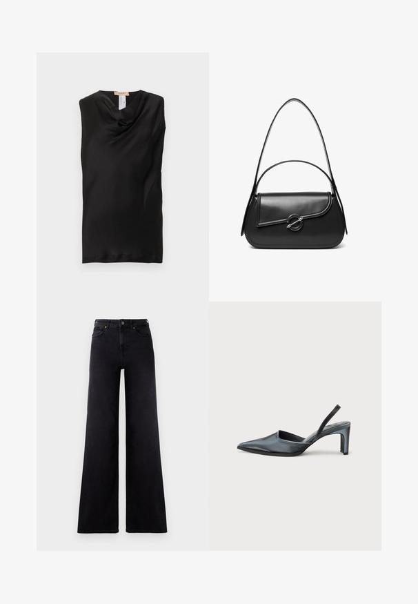 Sort ærmeløs top med rynket hals, lavet af glat stof, med en diskret glans og uden synlige lukninger eller pynt.; Højtaljede sorte wide-leg jeans med frontlommer, bælteløkker og knappelukning.; Sort slingback-hæl med spids tå, slank satinfinish og en slank hæl på 3 tommer. Åben sidedesign med minimal syningsdetalje.; Sort skuldertaske i læder med en buet klap, der er fastgjort med en rund metal spænde, og en slank, justerbar rem.