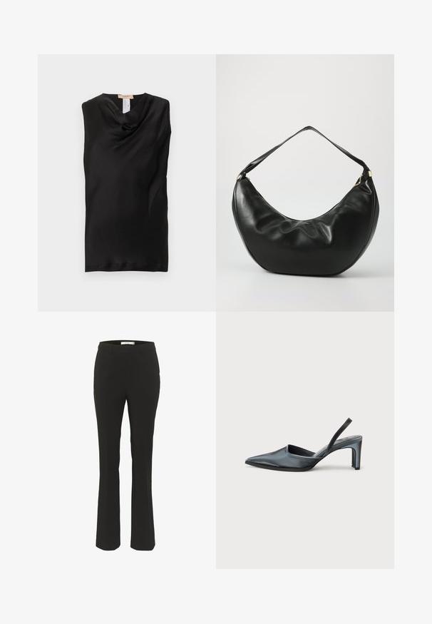 Haut noir sans manches avec col bénitier, confectionné dans un tissu lisse, présentant un léger éclat et sans attaches ni ornements visibles.; Pantalons noirs ajustés avec une coupe slim, bas évasé, devant plat et sans poches visibles. Fabriqués en tissu lisse avec des coutures minimales.; Escarpin noir à bride arrière avec un bout pointu, une finition satinée élégante et un talon fin de 7,5 cm. Design latéral ouvert avec des détails de couture minimalistes.; Sac à épaule en cuir noir, de forme courbée, avec une texture douce et une seule sangle; il comporte une fermeture éclair dorée et un logo discret.