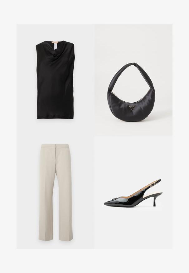 Haut noir sans manches avec col bénitier, confectionné dans un tissu lisse, présentant un léger éclat et sans attaches ni ornements visibles.; Pantalons beiges à jambes droites avec une taille plate et sans quincaillerie ou motifs visibles. Fabriqués en tissu lisse, avec un design épuré.; Escarpin slingback en cuir verni noir avec bout pointu, petit talon kitten et bride à boucle argentée sur fond blanc uni.; Sac à main en satin noir avec une forme courbée, doté d'une fermeture à glissière et d'un logo triangulaire en métal à l'avant. Texture lisse et design épuré.