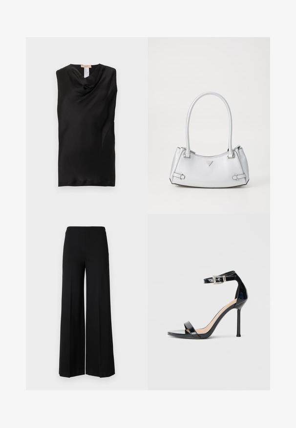 Top negro sin mangas con cuello drapeado, hecho de tela suave, con un brillo sutil y sin cierres ni adornos visibles.; Pantalones de pierna ancha negros con una textura suave, que presentan una cinturilla alta y sin cierres visibles. Diseño simple y limpio.; Sandalia de tacón alto en piel sintética negra con correa en el tobillo. Presenta un diseño minimalista, punta abierta y una hebilla con detalles de pedrería.; Bolso de mano plateado con un diseño estructurado, que cuenta con dos asas, textura brillante, herrajes de acento y un logo triangular en la parte frontal.