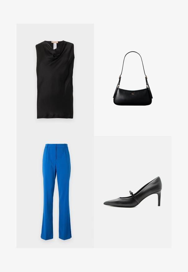 Haut noir sans manches avec col bénitier, confectionné dans un tissu lisse, présentant un léger éclat et sans attaches ni ornements visibles.; Pantalons tailleurs bleus avec taille haute, devant plissé et jambes évasées avec fentes sur les côtés, fabriqués en un tissu lisse et léger.; Escarpin noir en cuir à bout pointu avec une fine bride et une boucle sur le cou-de-pied, posé sur un fond clair neutre.; Mini sac à bandoulière en cuir noir avec une fine bandoulière et un petit logo CK doré au centre avant.