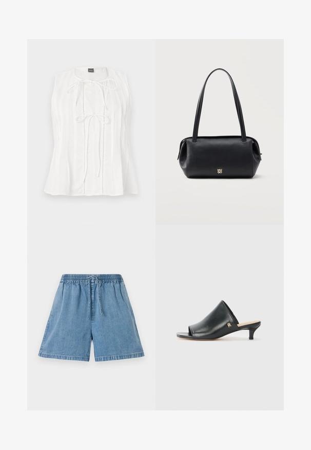 Blouse blanche sans manches avec des plis verticaux et deux liens à l'avant sous l'encolure ronde, étiquetée BOSS au col.; Shorts en denim bleu clair avec une taille élastique et un cordon de serrage. Ils disposent de poches latérales et d'une coupe décontractée avec des ourlets cousus.; Mules ouverts en cuir noir avec un talon bas. Présentent une surface lisse et un accent logo doré sur le côté.; Sac bandoulière rectangulaire en cuir noir avec longues bretelles et petit logo doré "HUGO" au centre devant.