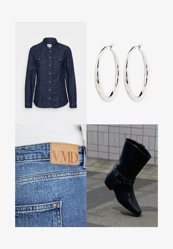 Mørk denim skjorte med knaplukning, spids krave, lange ærmer, to brystlommer og hvide knapper. Har et tætsiddende design og en glat tekstur.; Nærbillede af blå denimjeans med brun læderetiket syet på linningen med teksten "VMD".; Sort læderankelstøvle med spids tå, rem med spænde og sølvnitter samt en chunky hæl. Glat tekstur med minimalistisk design.; Sølv hoops øreringe med en glat, reflekterende overflade. Rund, stor form med en sikker lås øverst. Den polerede finish fremhæver glansen.