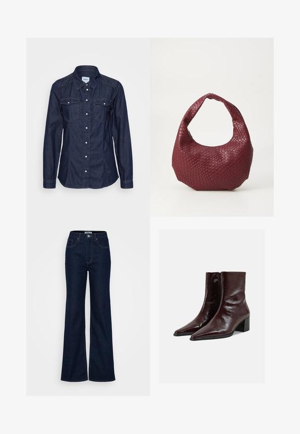Mørk denim skjorte med knaplukning, spids krave, lange ærmer, to brystlommer og hvide knapper. Har et tætsiddende design og en glat tekstur.; ONLY Tall ONLJUICY WIDE RINSE - Wide leg - dark blue denim; Skinnende mørkebrune læderankelstøvler med spidse tæer, sidelås og blokhæl på en ensfarvet lys grå baggrund.; Vævet bordeaux håndtaske med en rund silhuet, et enkelt håndtag og en tekstureret overflade. Lynlåslukning øverst.